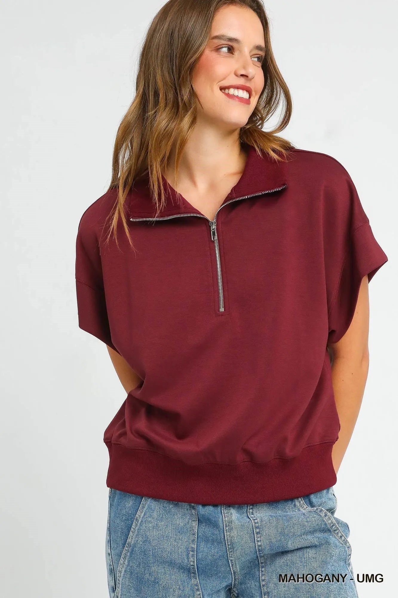 Umgee Plus Size Half-Zip Short Sleeve Top - Be Bliss Boutique