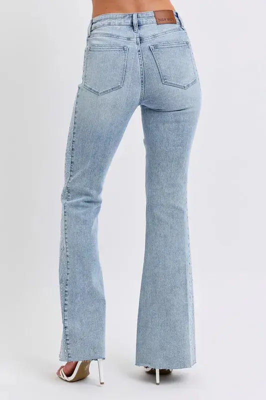 Mid Rise Rhinestone Side Panel Flare Judy Blue Jeans - Be Bliss Boutique