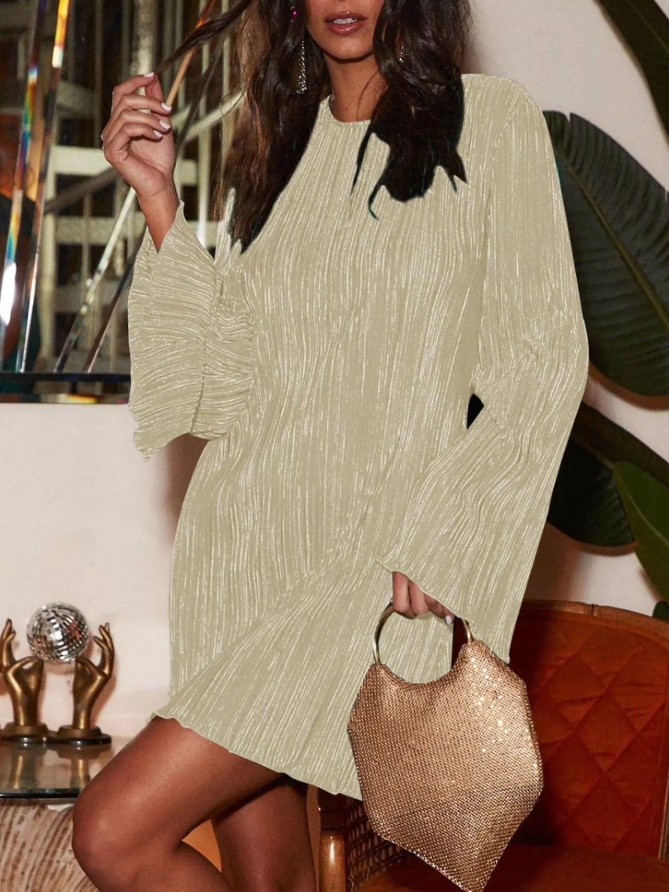 Cutout Back Flare Sleeve Dress -  Be Bliss Boutique