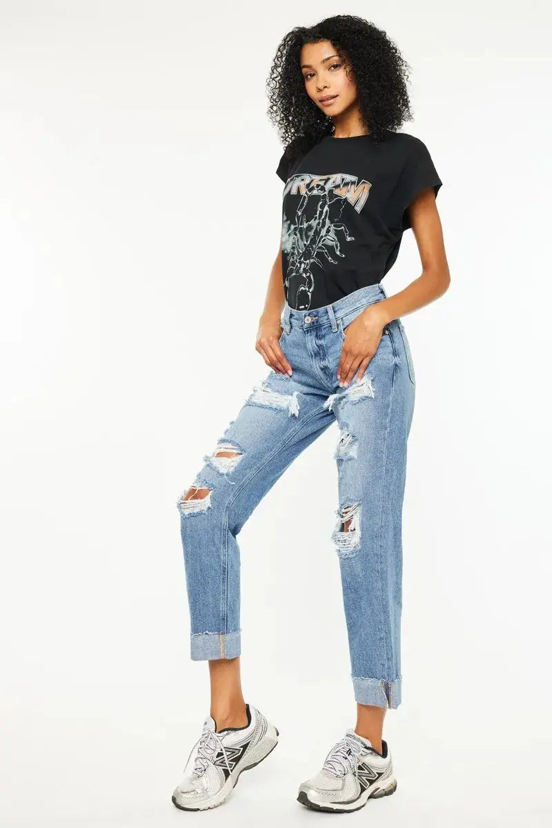 Mid Rise Distressed Kancan Boyfriend Jeans - Medium Wash - Be Bliss Boutique