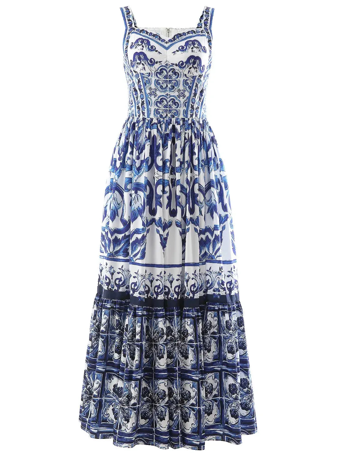 Smocked Blue Tile Print Wide Strap Midi Dress - Be Bliss Boutique