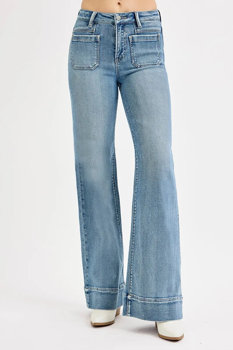 High Waist Wide Flare Patch Pocket RISEN Jeans – Full Size - Be Bliss Boutique