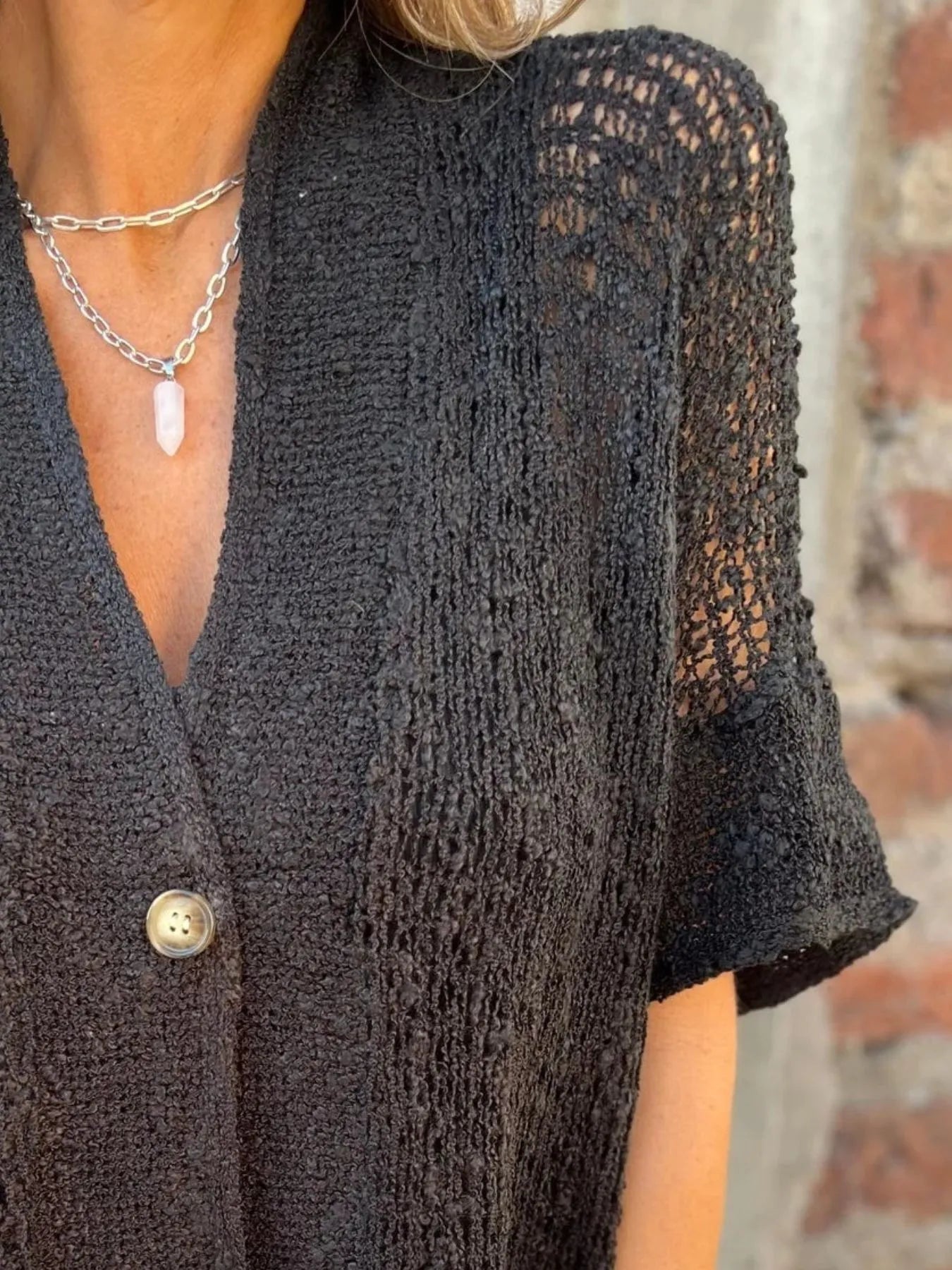 Full Size Knit Openwork One Button Cardigan - Be Bliss Boutique