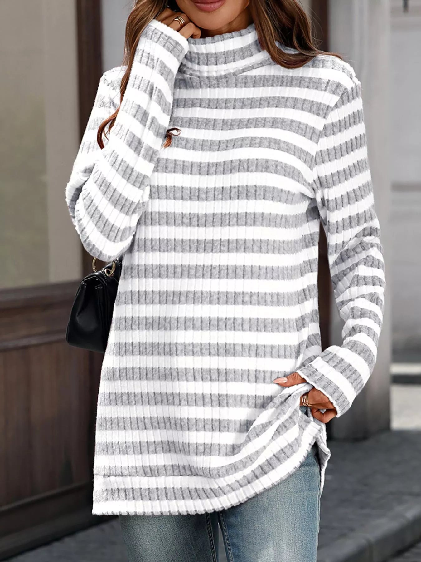 Striped Turtleneck Long Sleeve Knit Top - Be Bliss Boutique