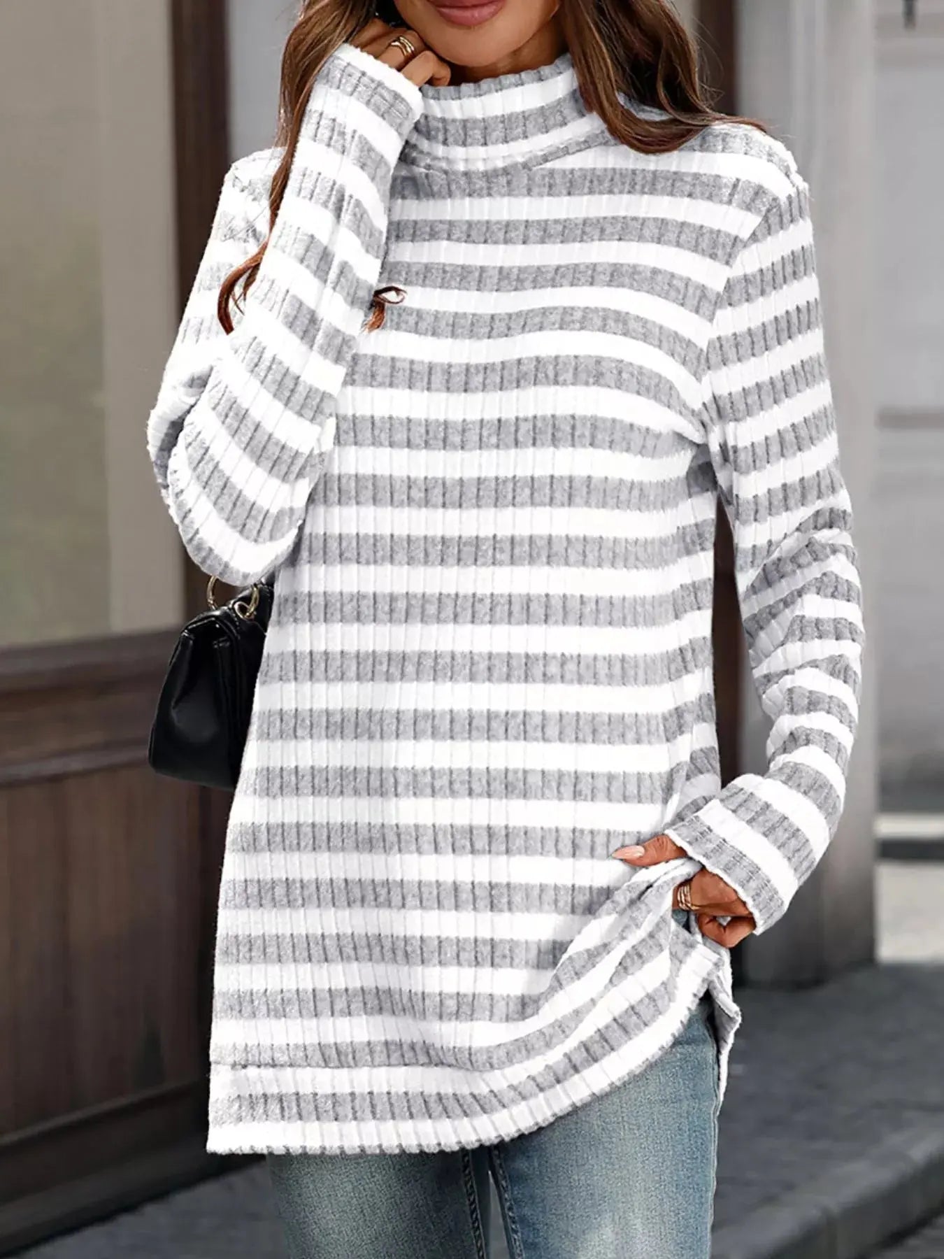 Striped Turtleneck Long Sleeve Knit Top - Be Bliss Boutique