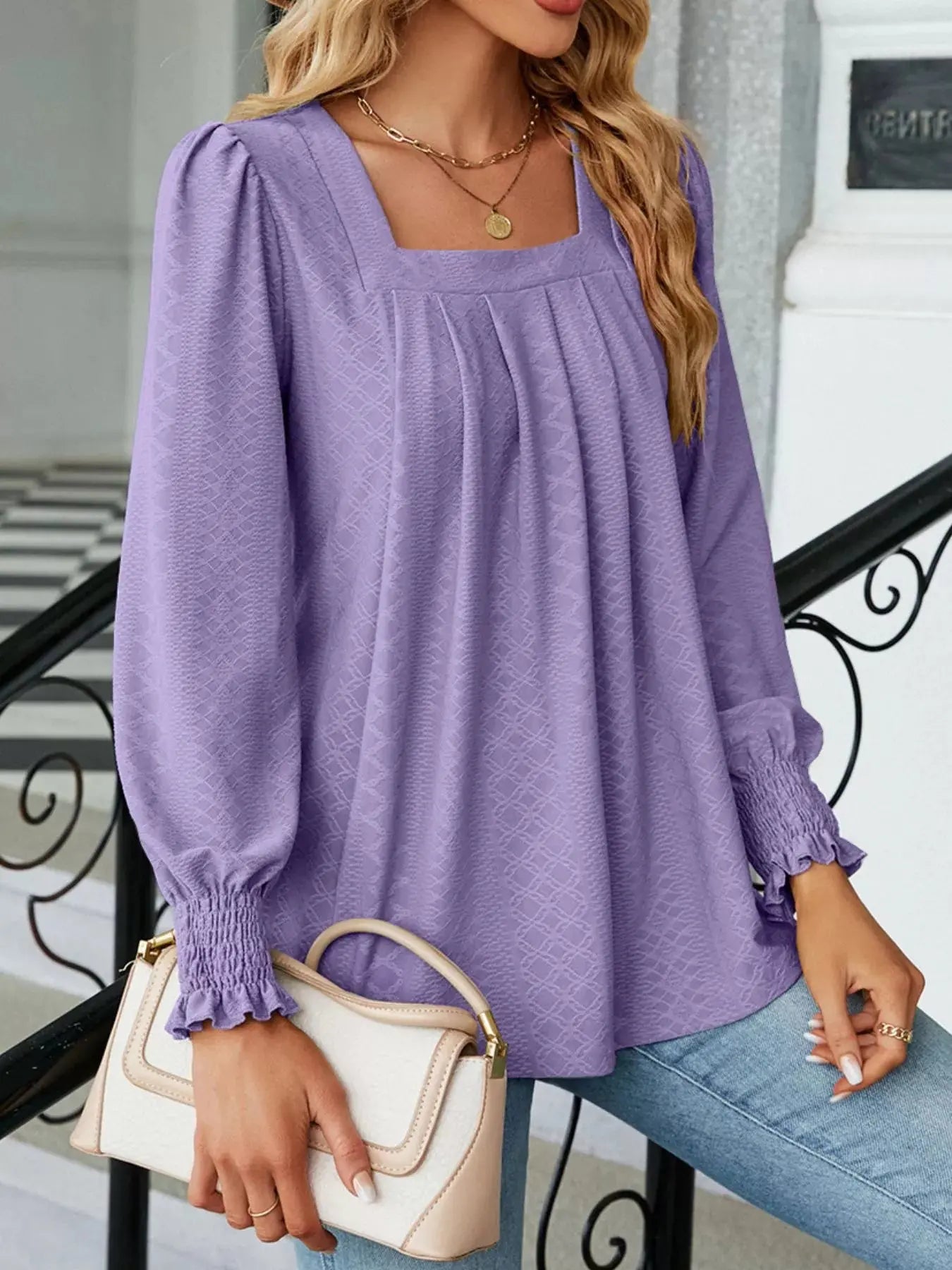 Pleated Square Neck Long Sleeve Top - Be Bliss Boutique
