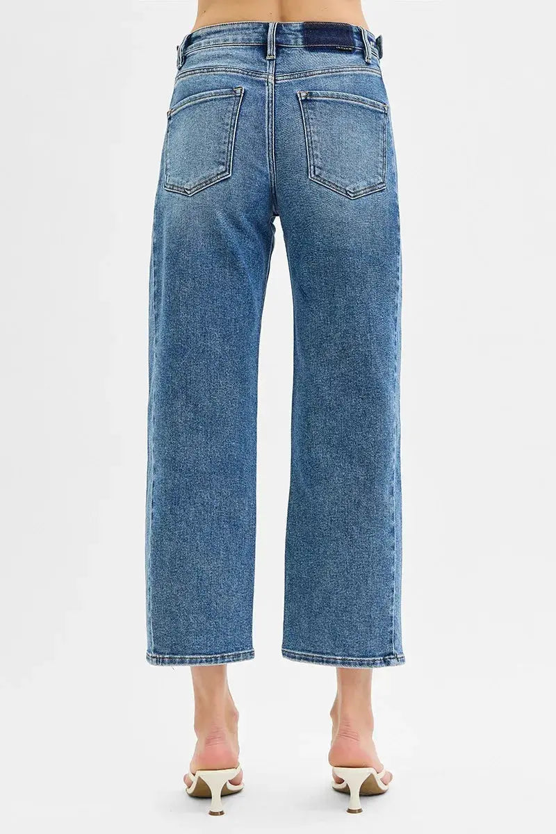 High Rise Crop Length Barrel Adjustable Waist Band RISEN Jeans - Be Bliss Boutique