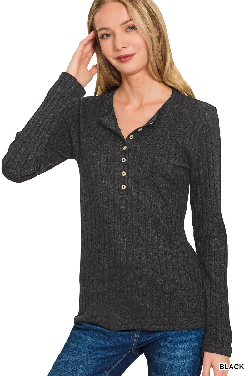 Zenana Black Ribbed Half Button Long Sleeve Top - Be Bliss Boutique