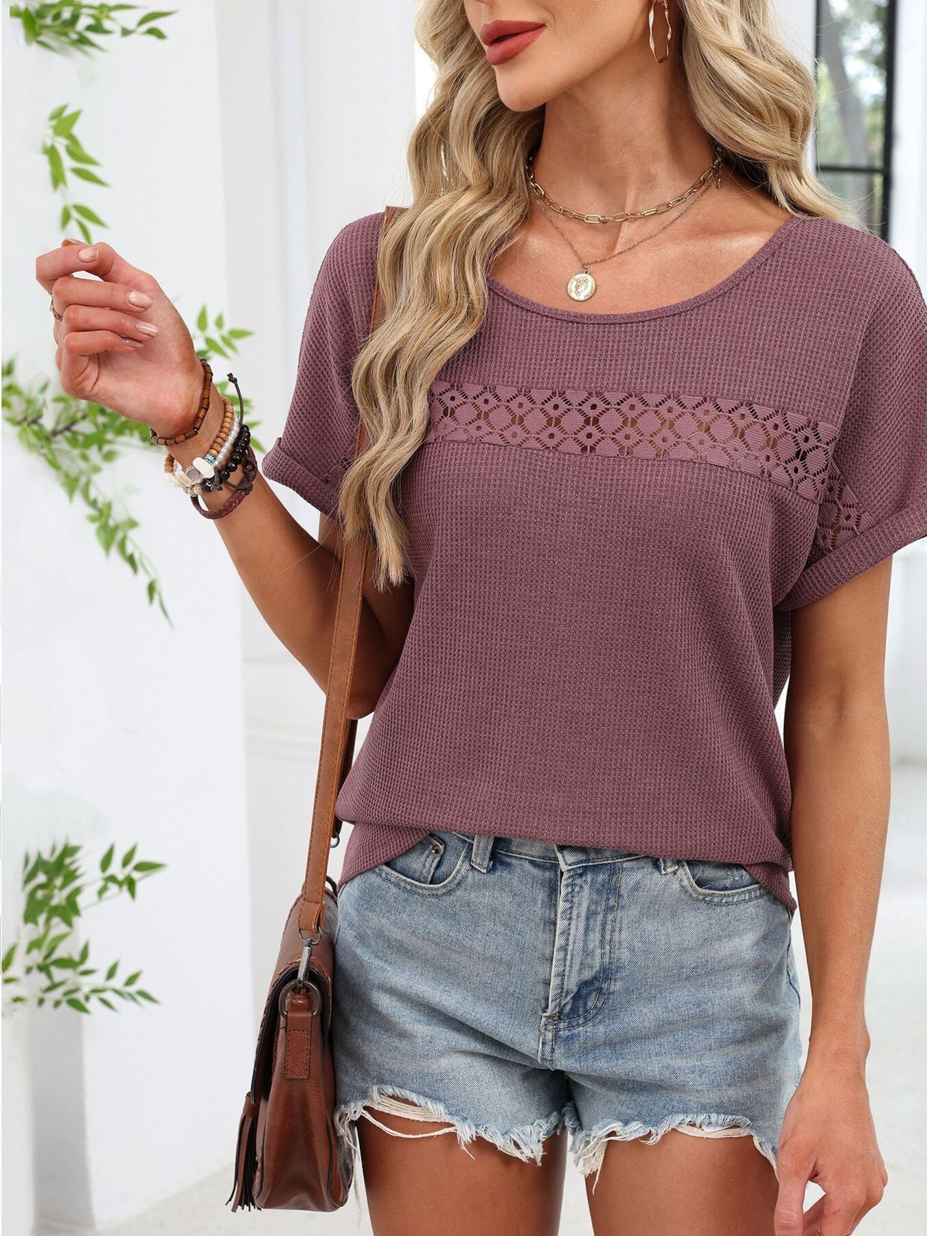 Lace Trim Short Sleeve T Shirt - Be Bliss Boutique