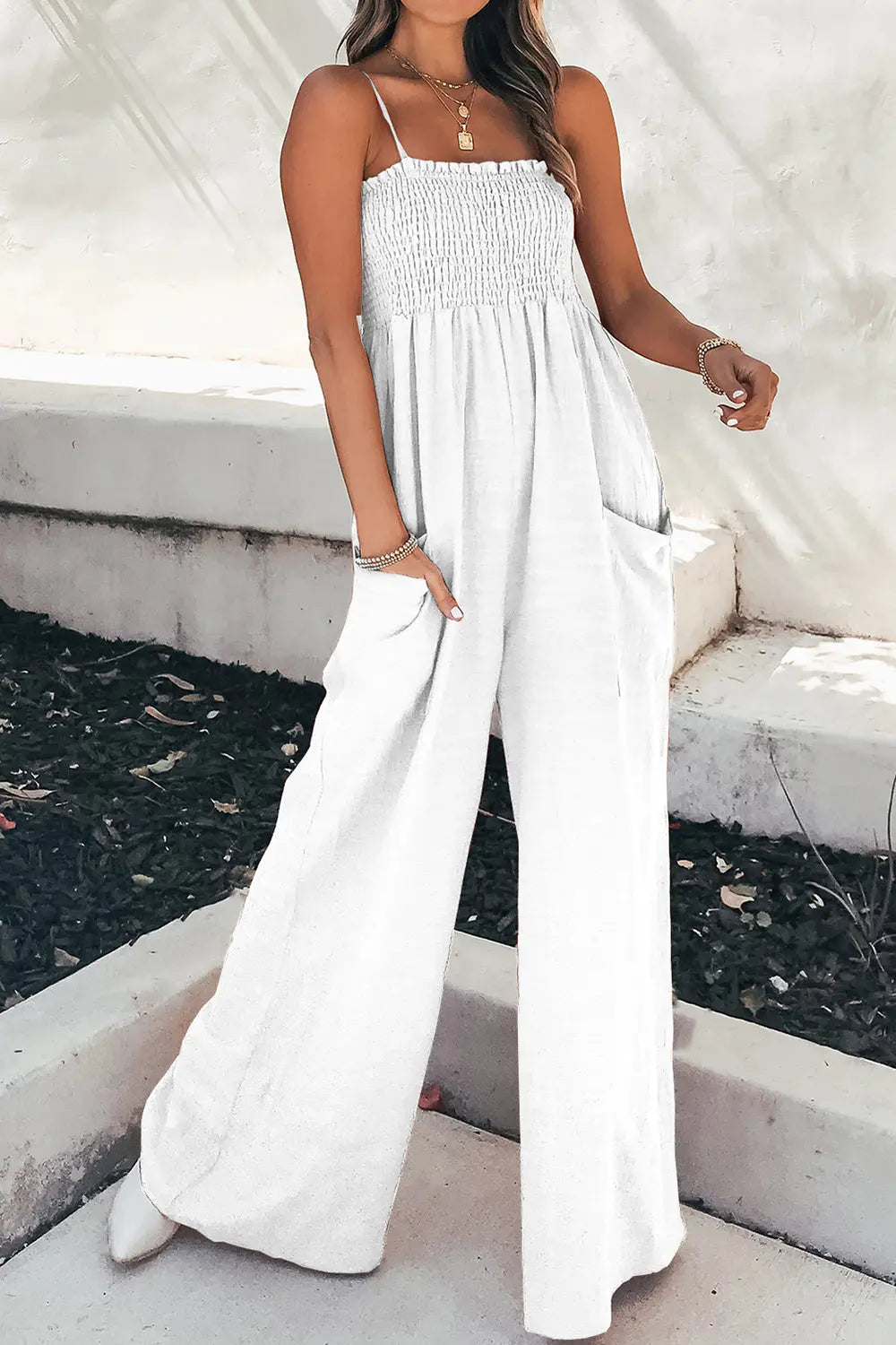 Smocked Spaghetti Strap Wide Leg Jumpsuit - Be Bliss Boutique