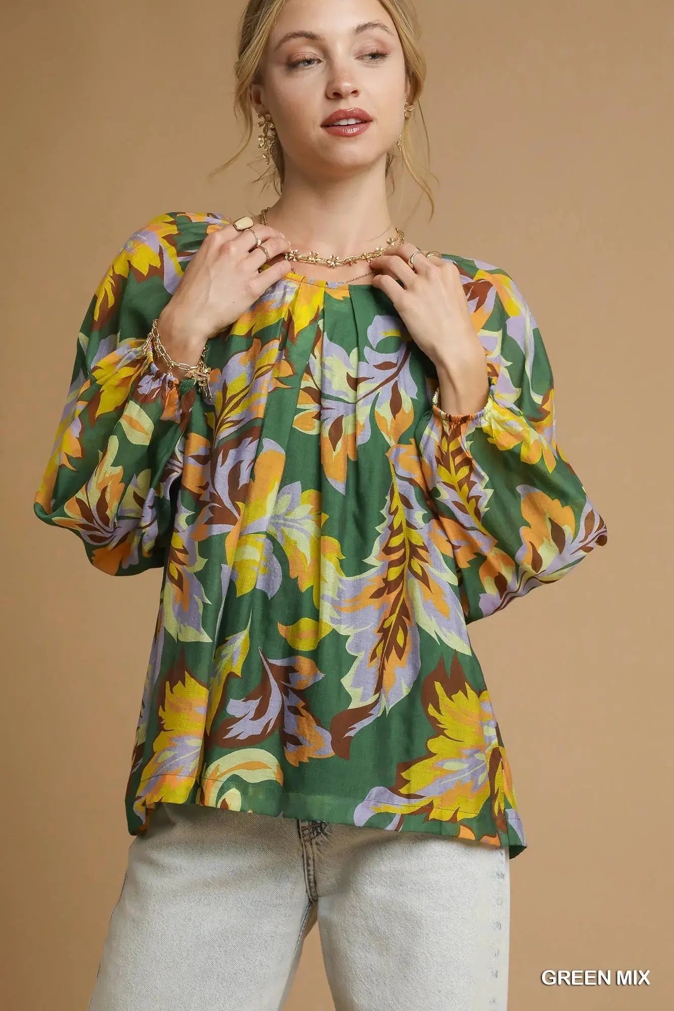 Umgee Mix Abstract Print Balloon Sleeve Blouse - Be Bliss Boutique