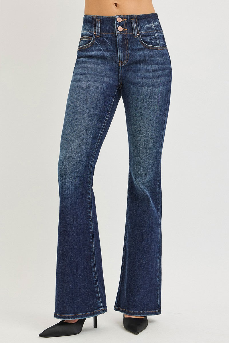 RISEN High Rise Flare Jeans with Seam Detail Waistband - Be Bliss Boutique