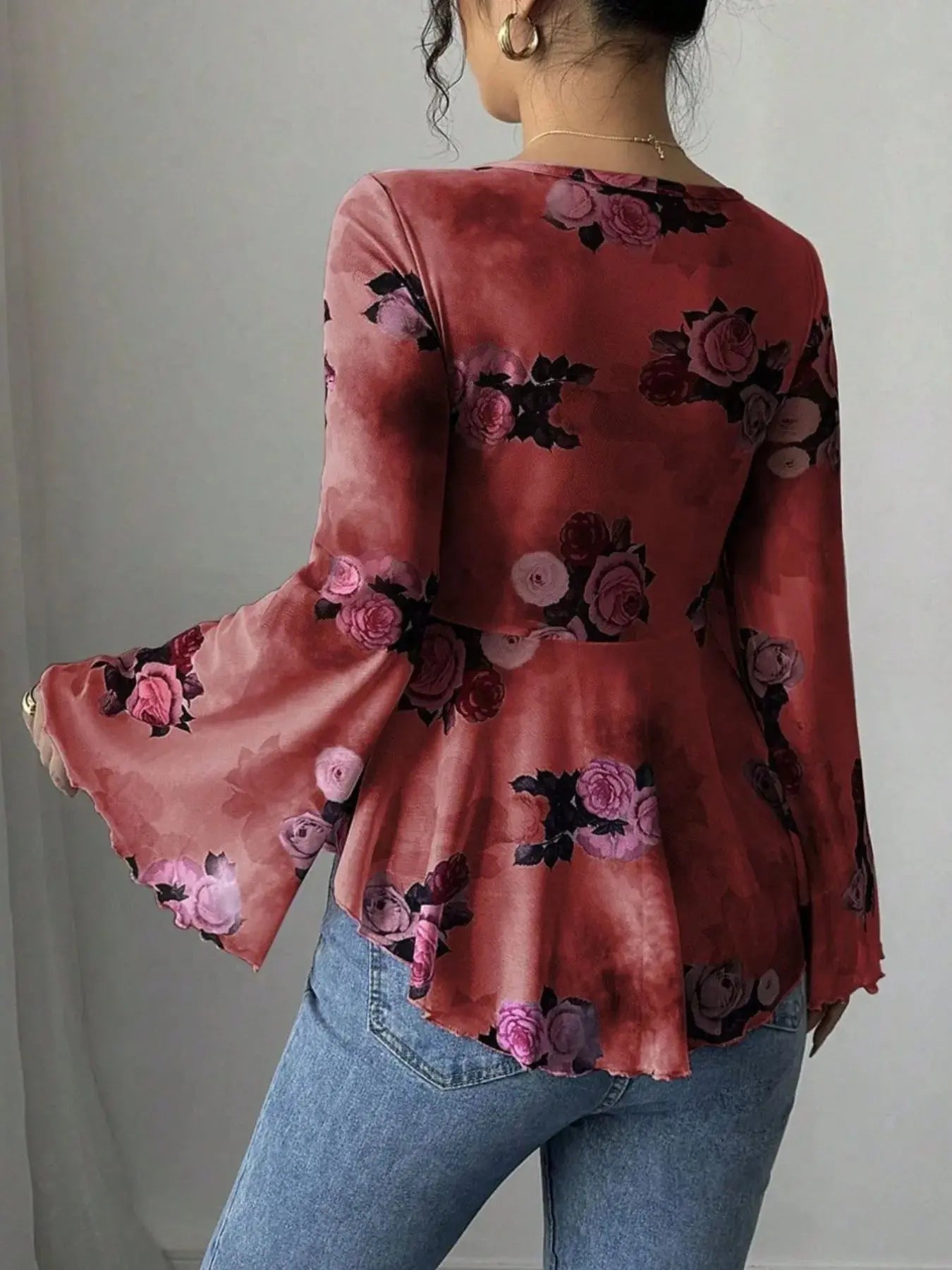 Floral Tie Front Flare Sleeve Blouse - Be Bliss Boutique
