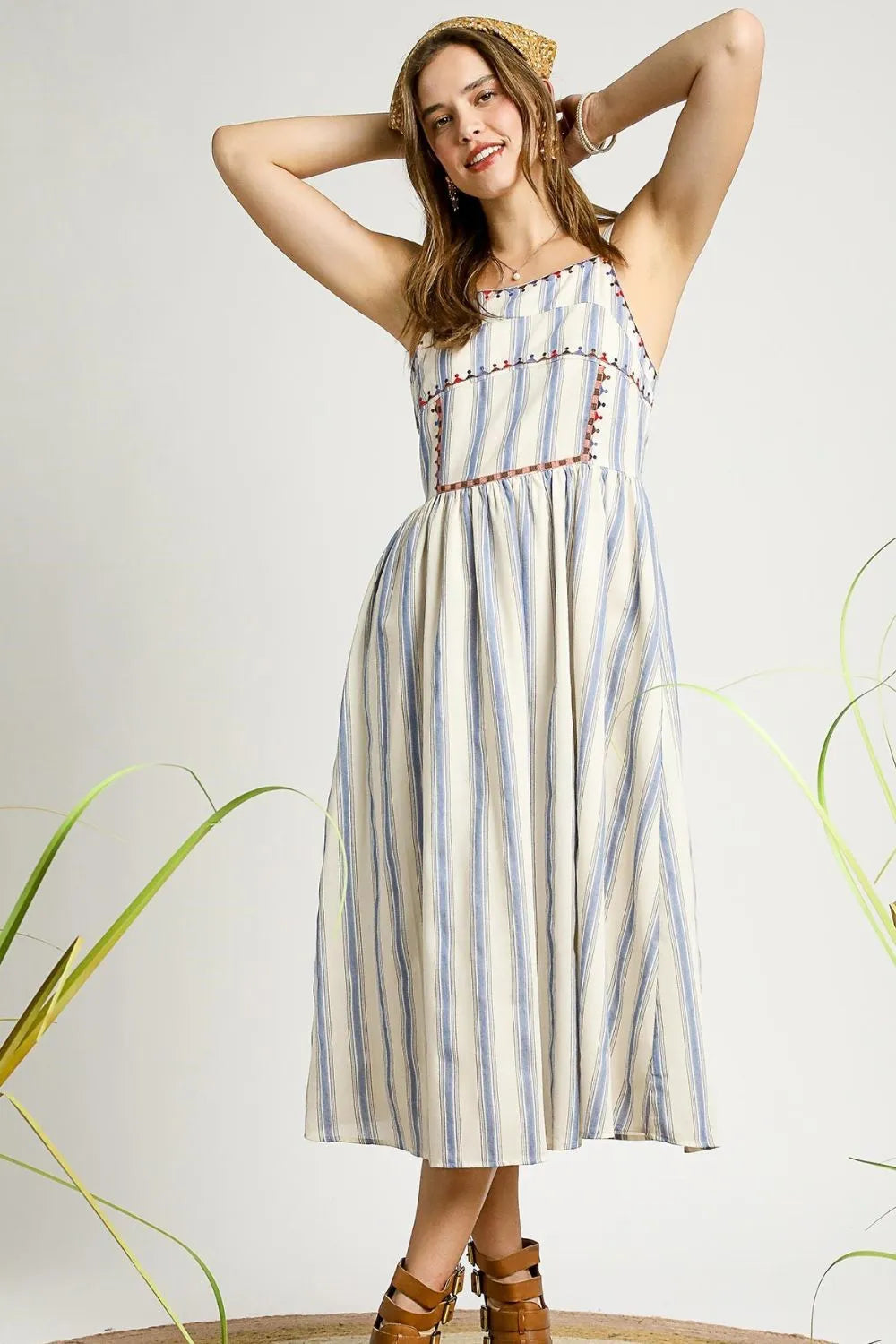 Umgee Embroidered Smocked Boho Striped Dress – Cami Midi Dress - Be Bliss Boutique