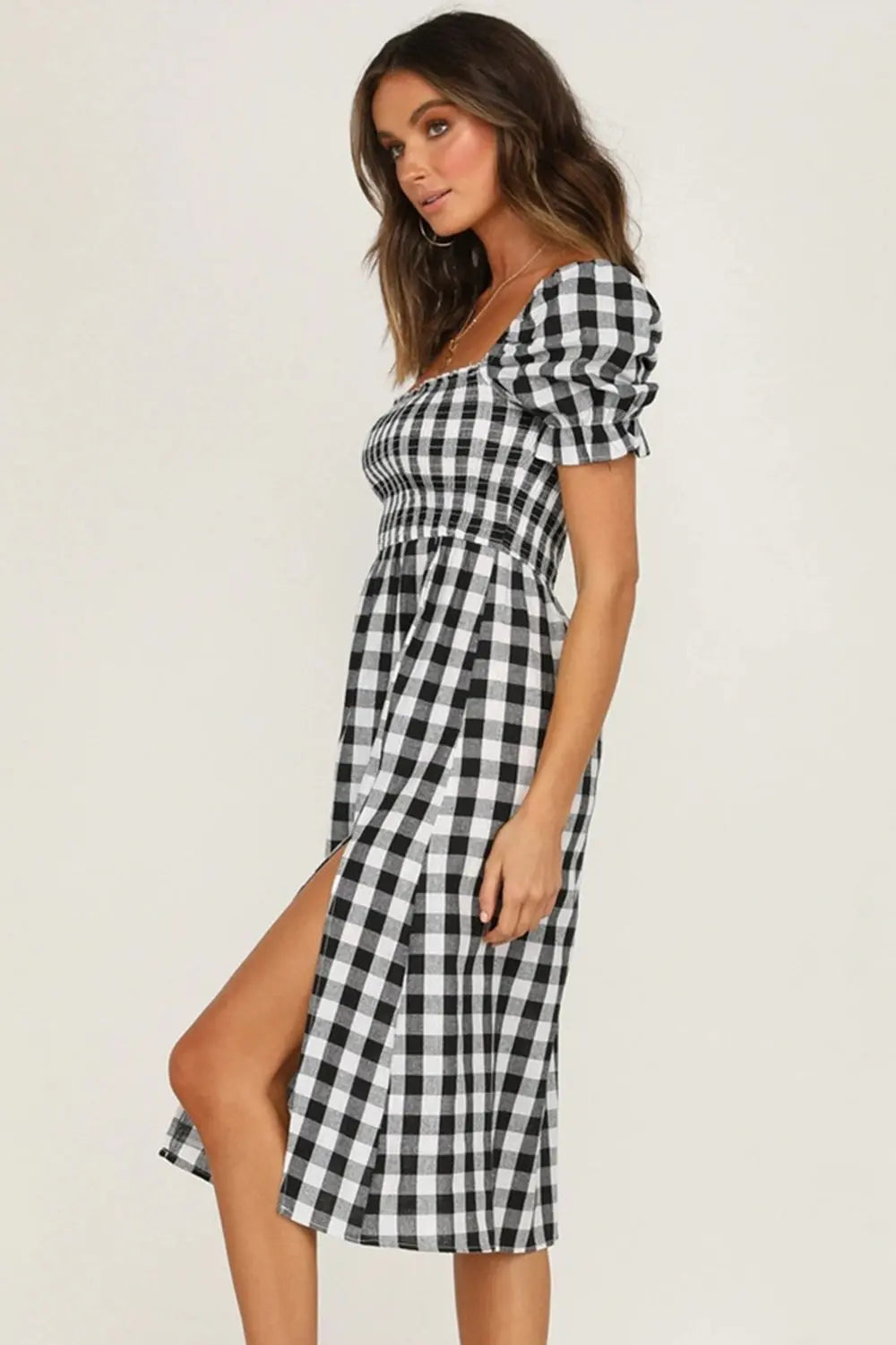 Full Size Slit Plaid Short Sleeve Midi Dress - Be Bliss Boutique