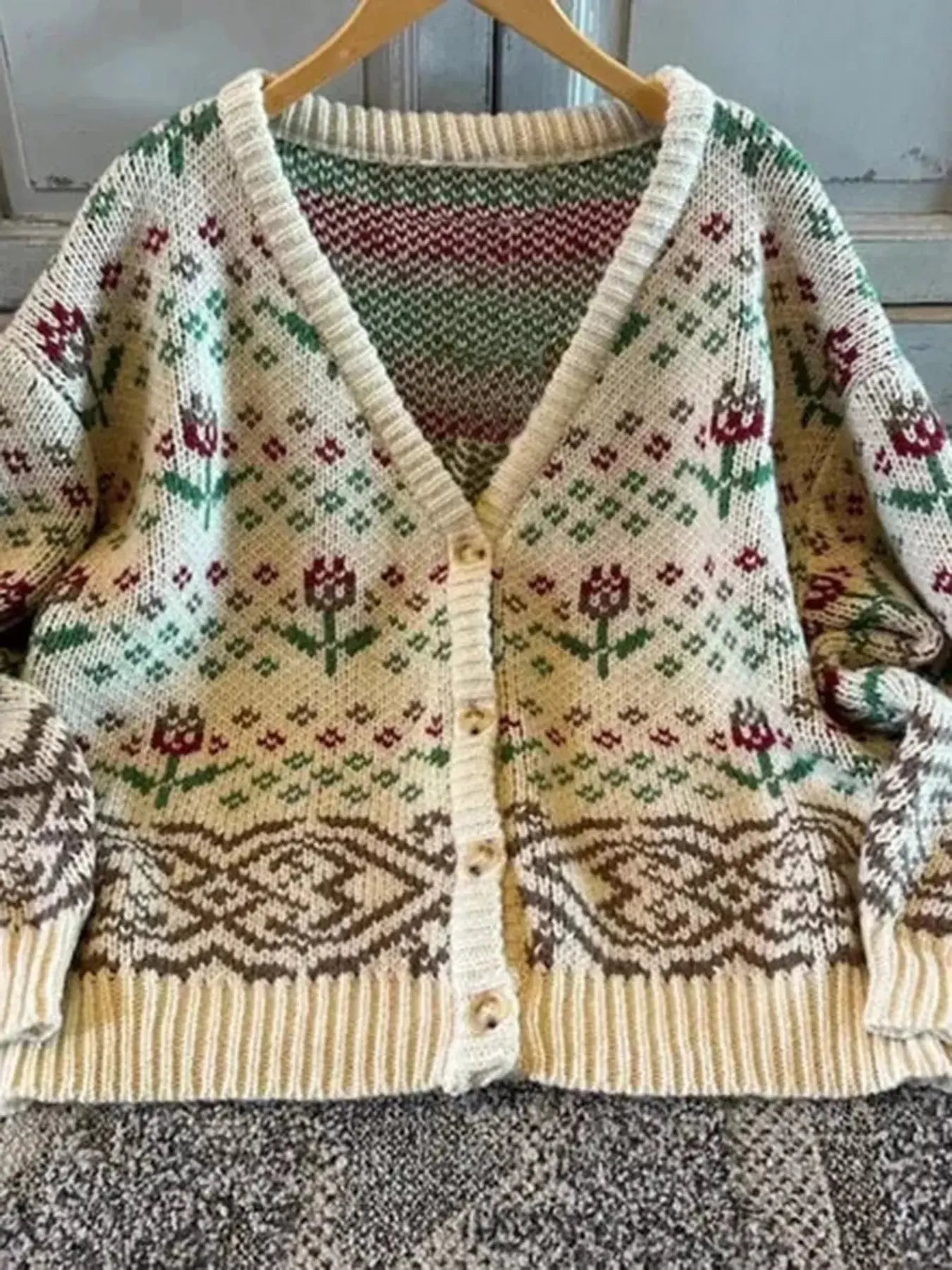 Cozy Vintage Floral Knit Button Up Cardigan - Be Bliss Boutique