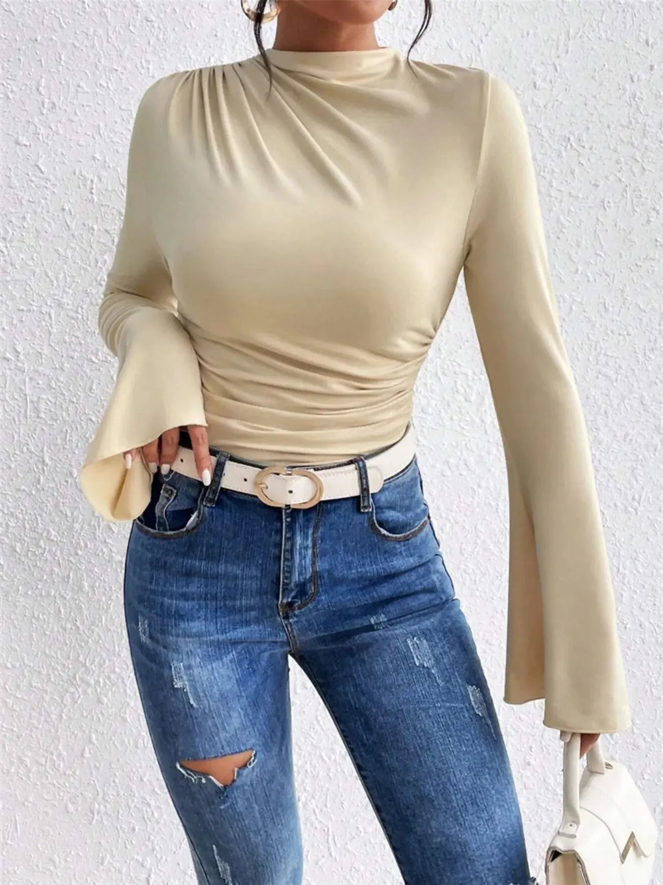Bell Sleeve Fitted Ruched T Shirt with Mock Neck - Be Bliss Boutique