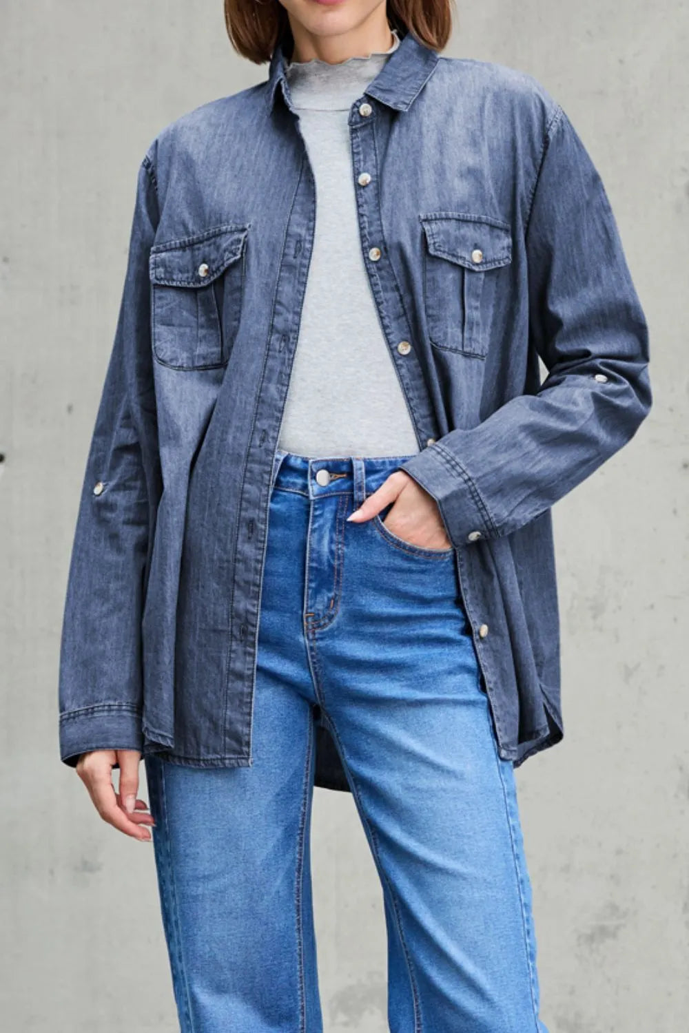 Pocketed Collared Neck Long Sleeve Denim Top - Be Bliss Boutique