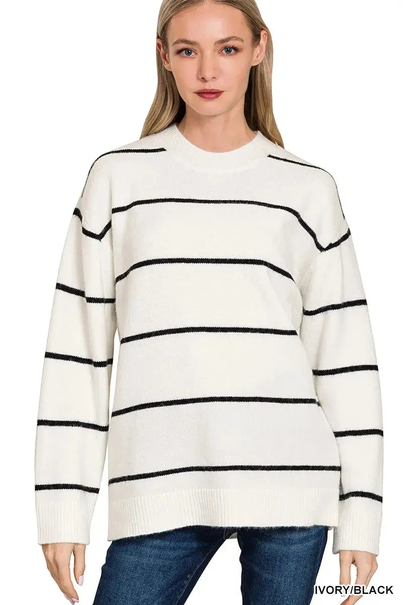 Zenana Striped Round Neck Sweater - Be Bliss Boutique