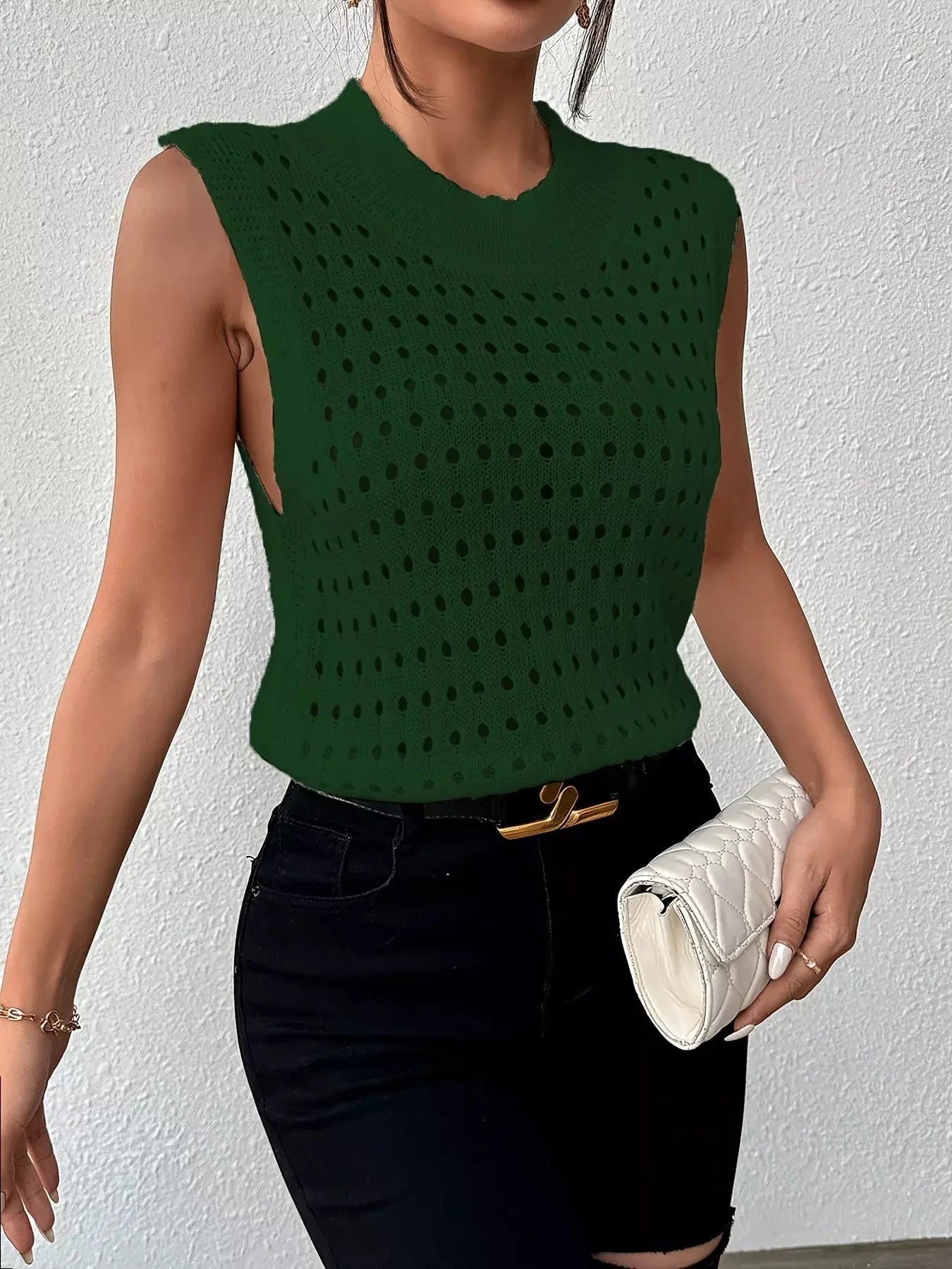 Hollow Out Round Neck Knit Sweater Tank - Be Bliss Boutique