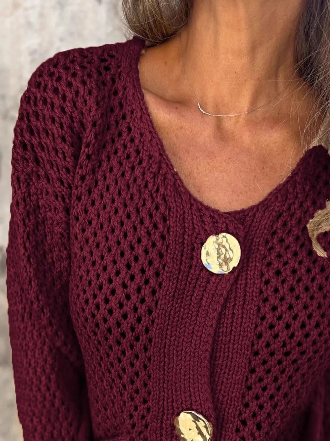 Crochet Button Up Long Sleeve Cardigan - Be Bliss Boutique