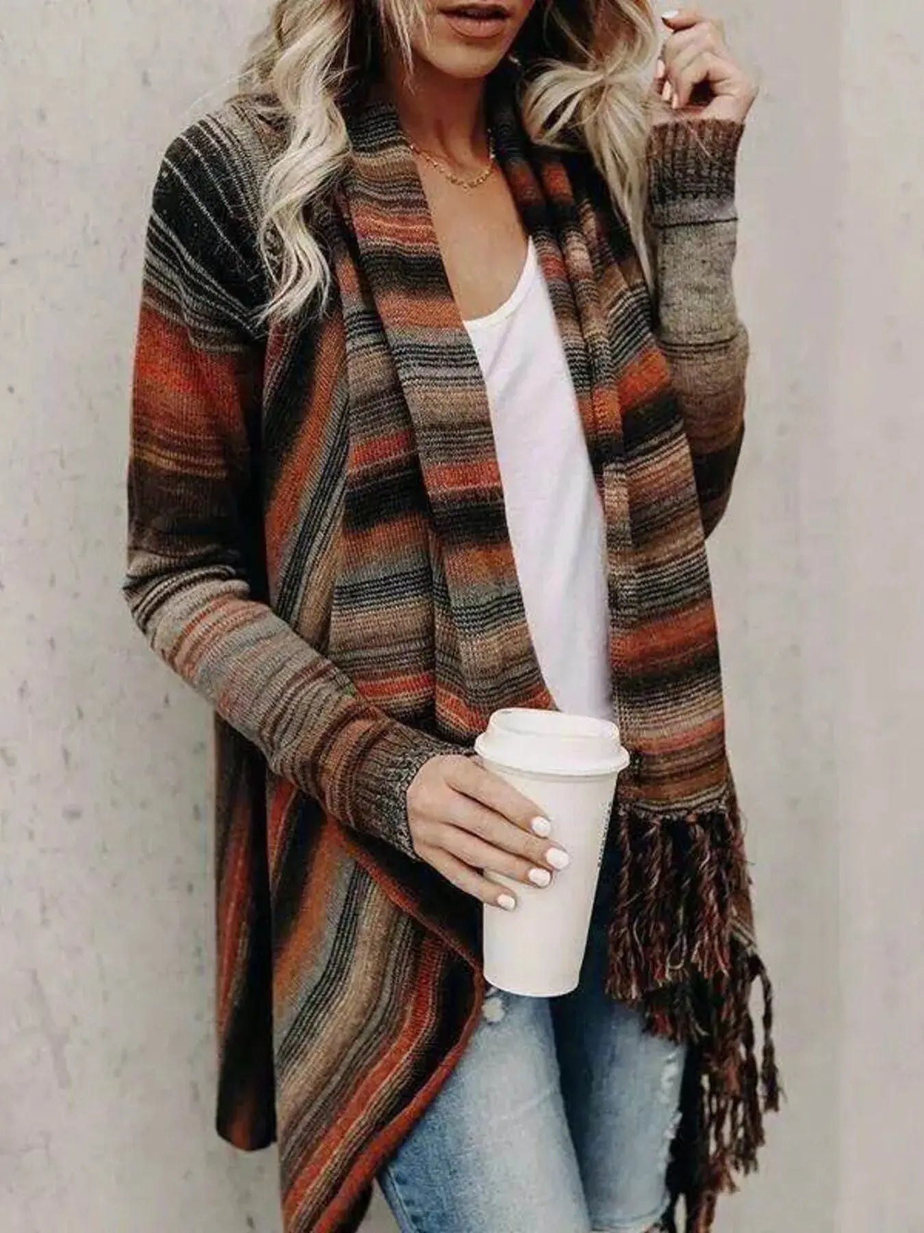 Fringe Long Sleeve Wrap Oversized Cardigan - Be Bliss Boutique