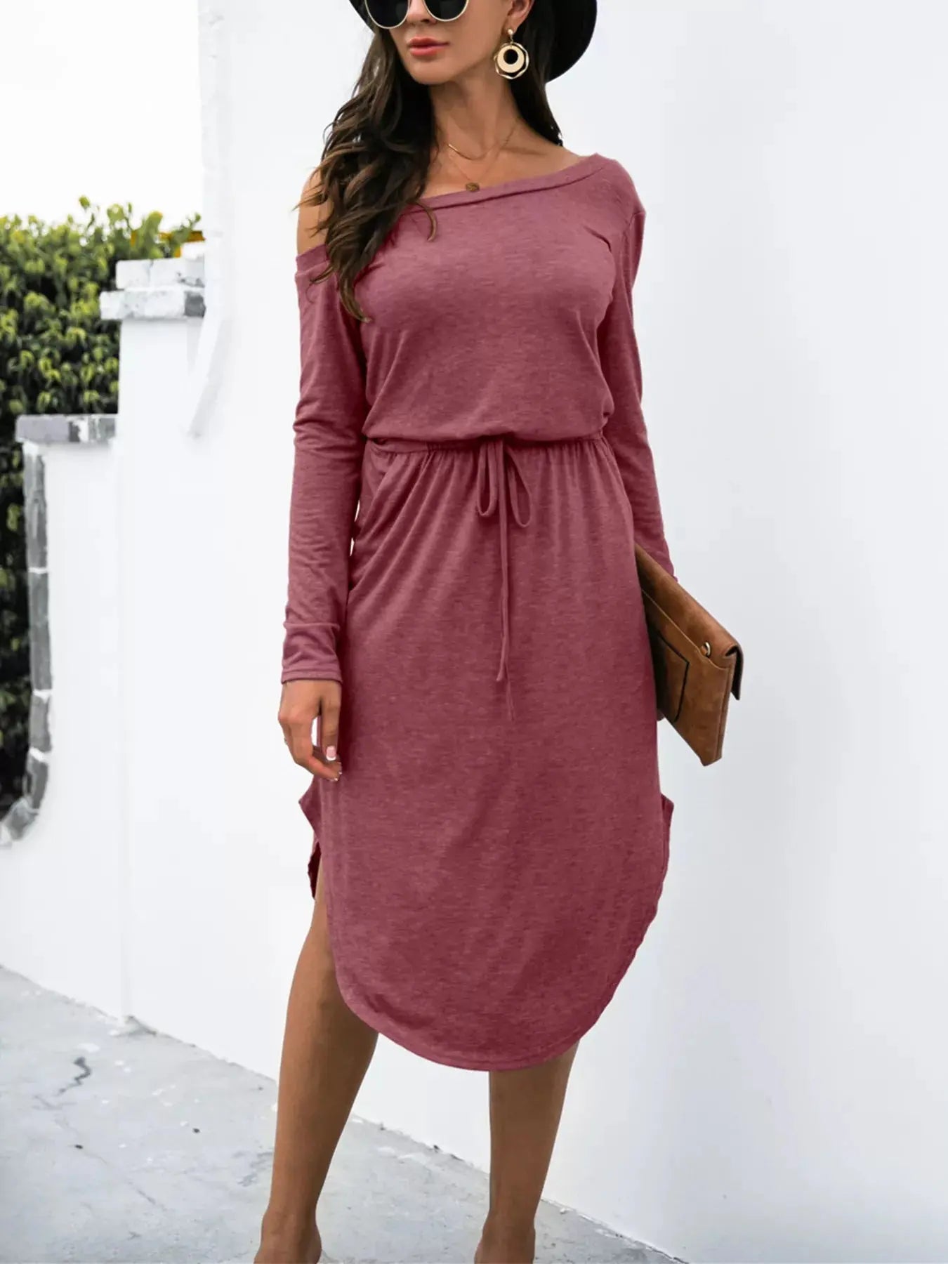 One Shoulder Long Sleeve Midi Dress with Drawstring Waist - Be Bliss Boutique