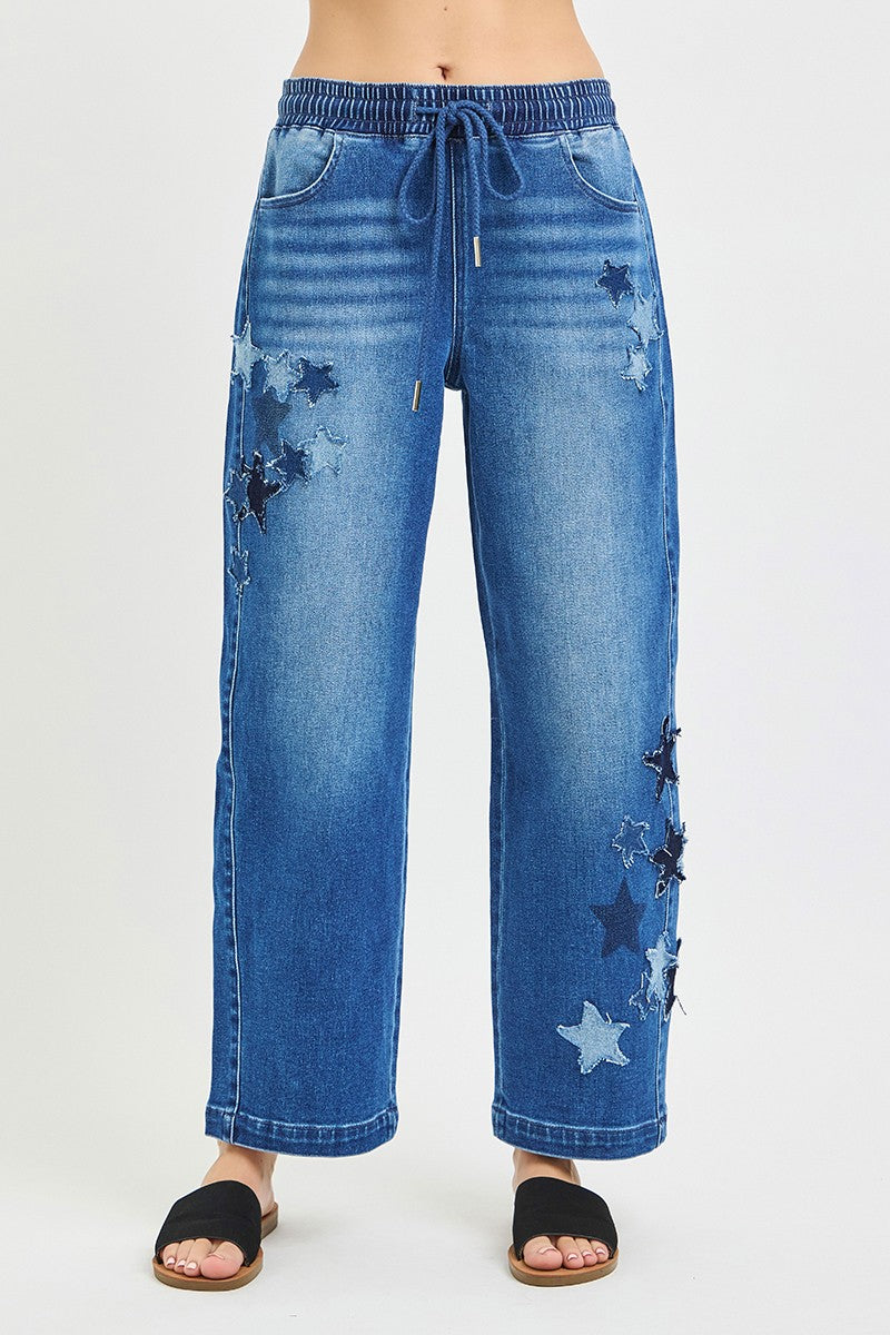 RISEN Elastic Band Slouchy Cropped Barrel Jeans with Star Patch - Be Bliss Boutique