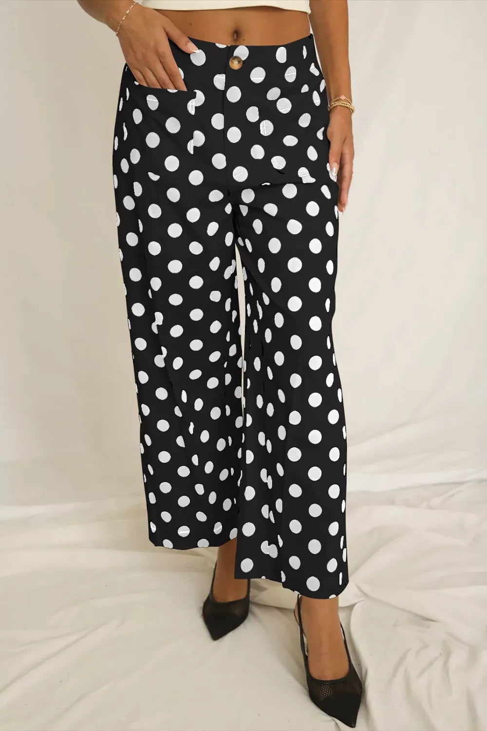 Polka Dot Print Patched Pocket Mid Rise Straight Leg Pants - Be Bliss Boutique