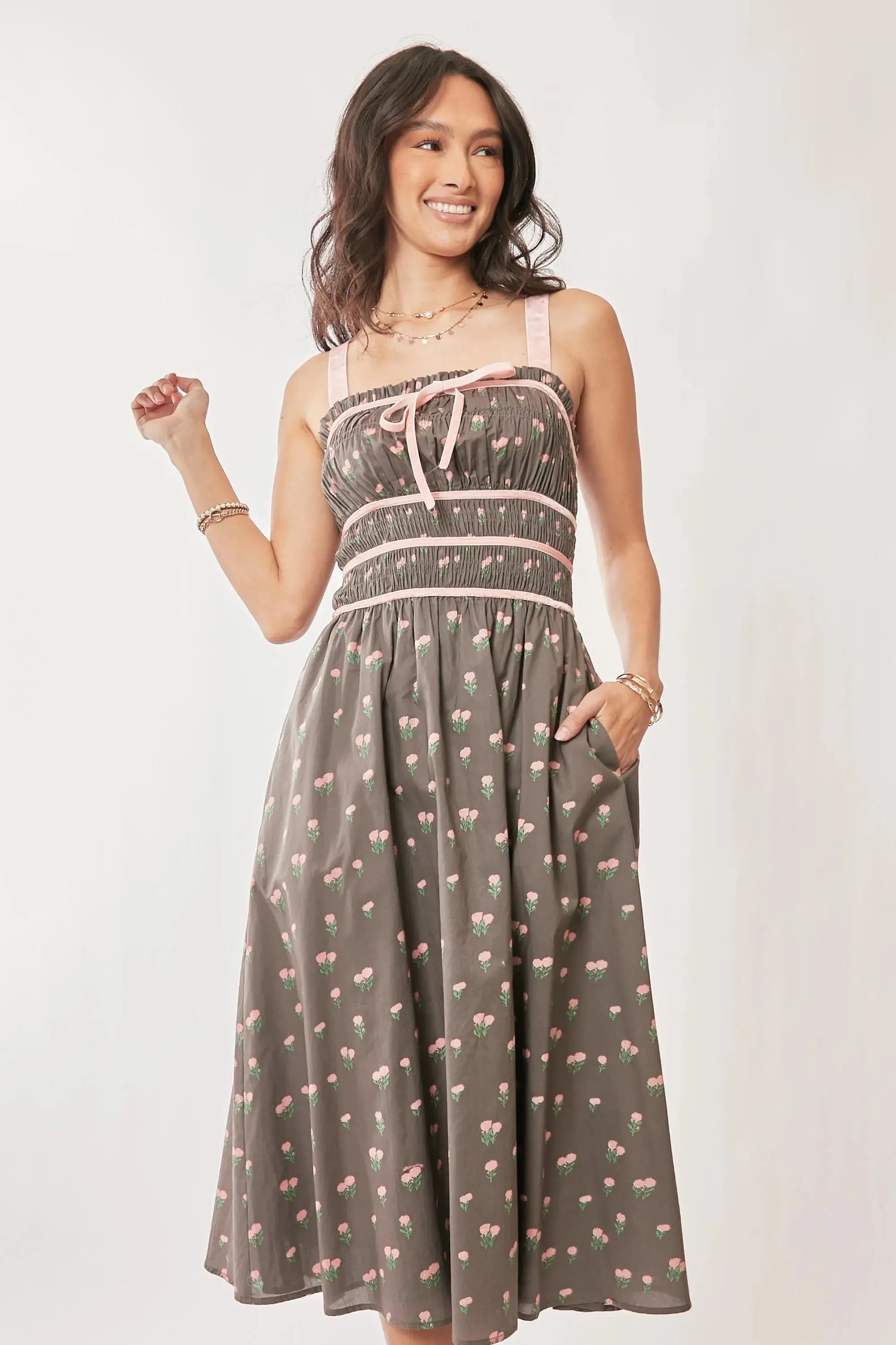 Davi & Dani “Strawberry Fields” Smocked-Bodice Midi Dress - Be Bliss Boutique
