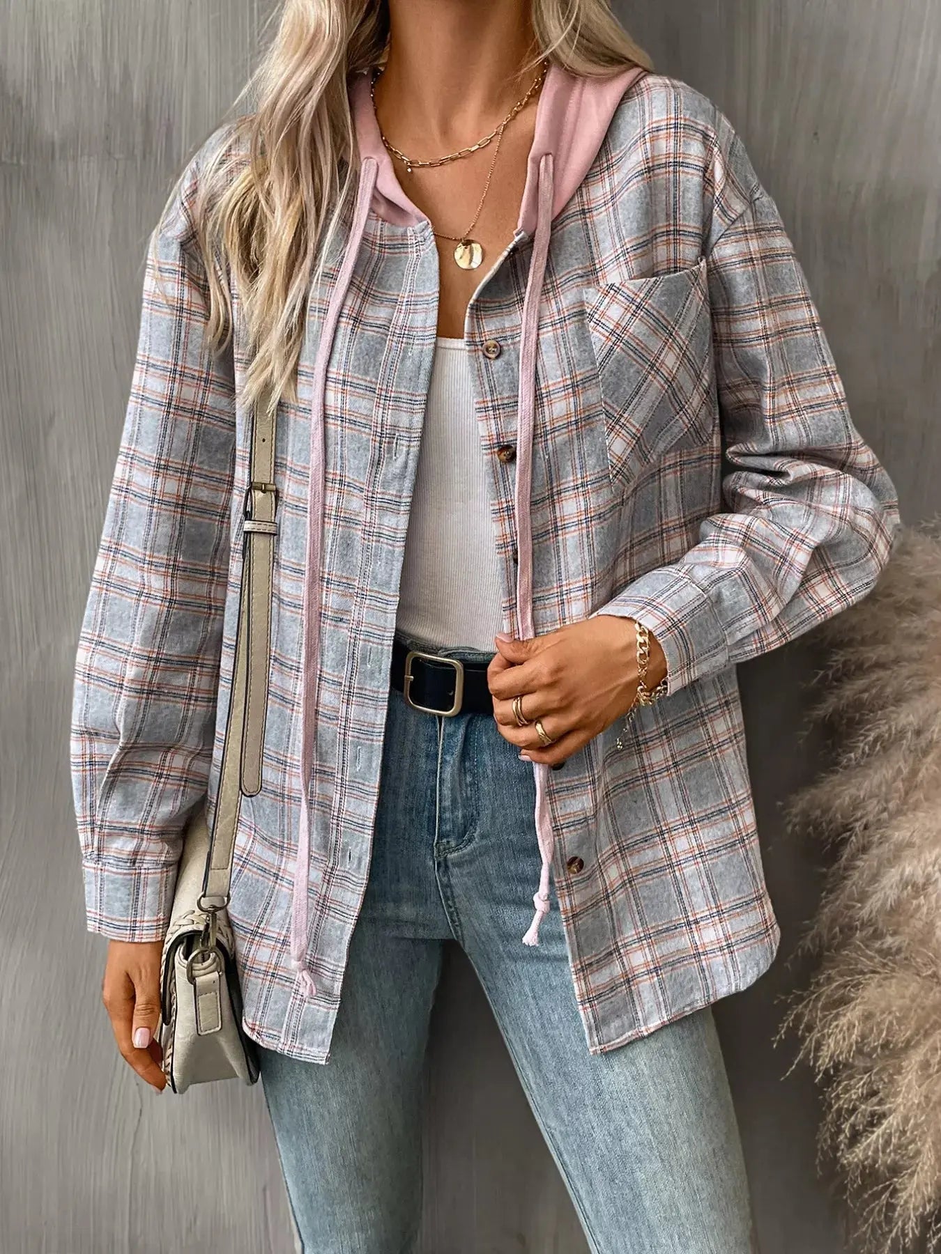 Plaid Button-Up Oversized Hooded Shirt with Chest Pocket - Be Bliss Boutique