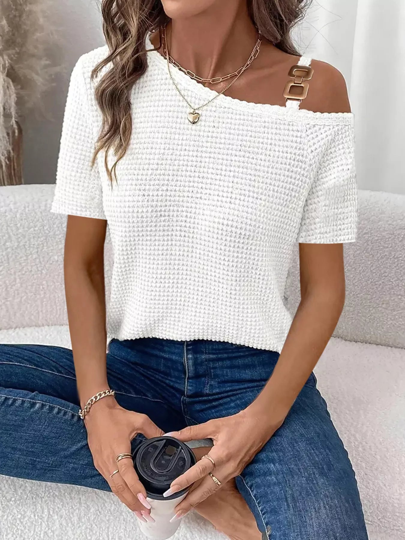 Chain Detail Waffle Knit One Shoulder T Shirt - Be Bliss Boutique