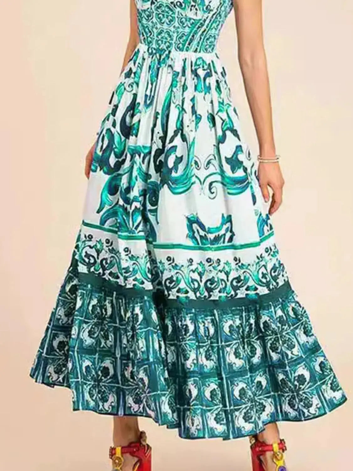 Smocked Blue Tile Print Wide Strap Midi Dress - Be Bliss Boutique