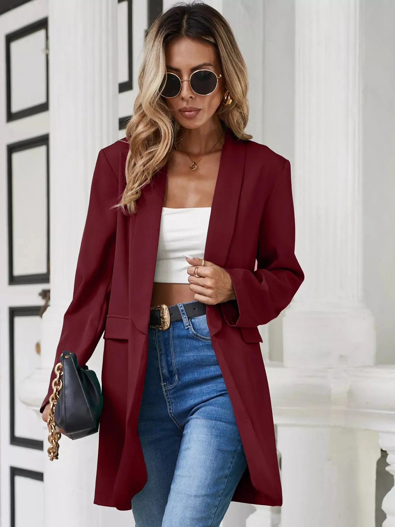 Lapel Collar Long Sleeve Blazer - Be Bliss Boutique