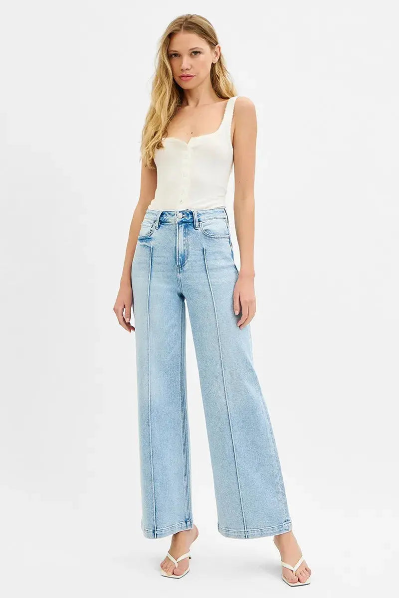 High Waist Wide Leg Pintuck RISEN Jeans – Full Size - Be Bliss Boutique