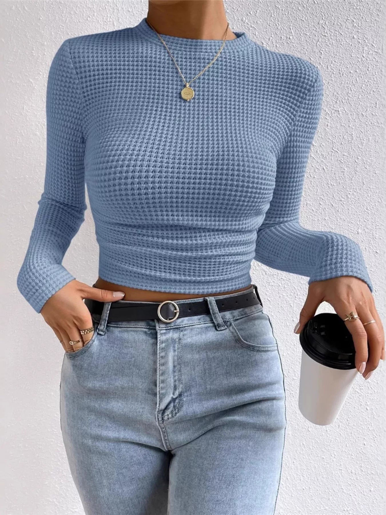 Waffle Knit Long Sleeve T-Shirt - Be Bliss Boutique
