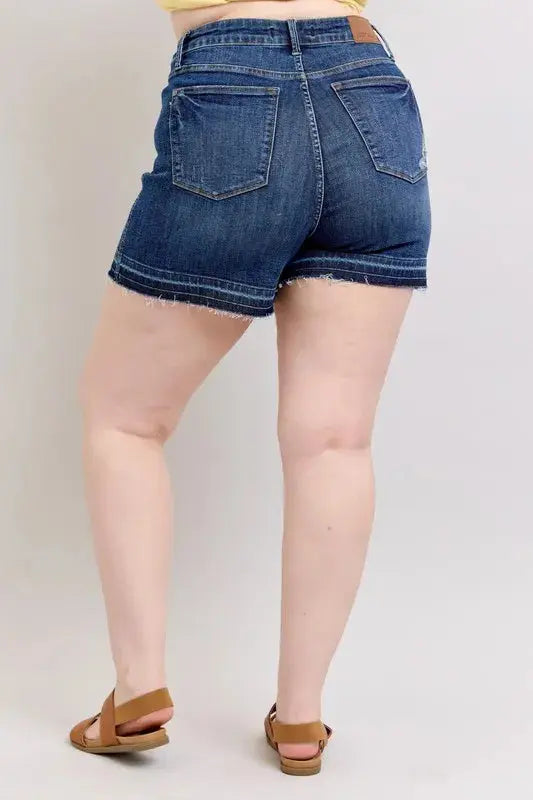Judy Blue Jeans - Plus Size High Waist Tummy Control Destroy Release Hem Denim Shorts - Be Bliss Boutique