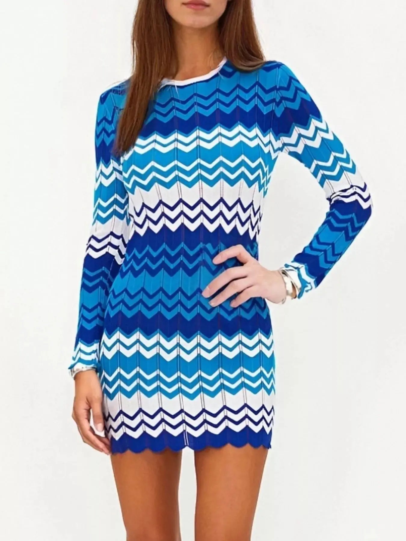 Openwork Wave Pattern Long Sleeve Sweater Dress - Be Bliss Boutique