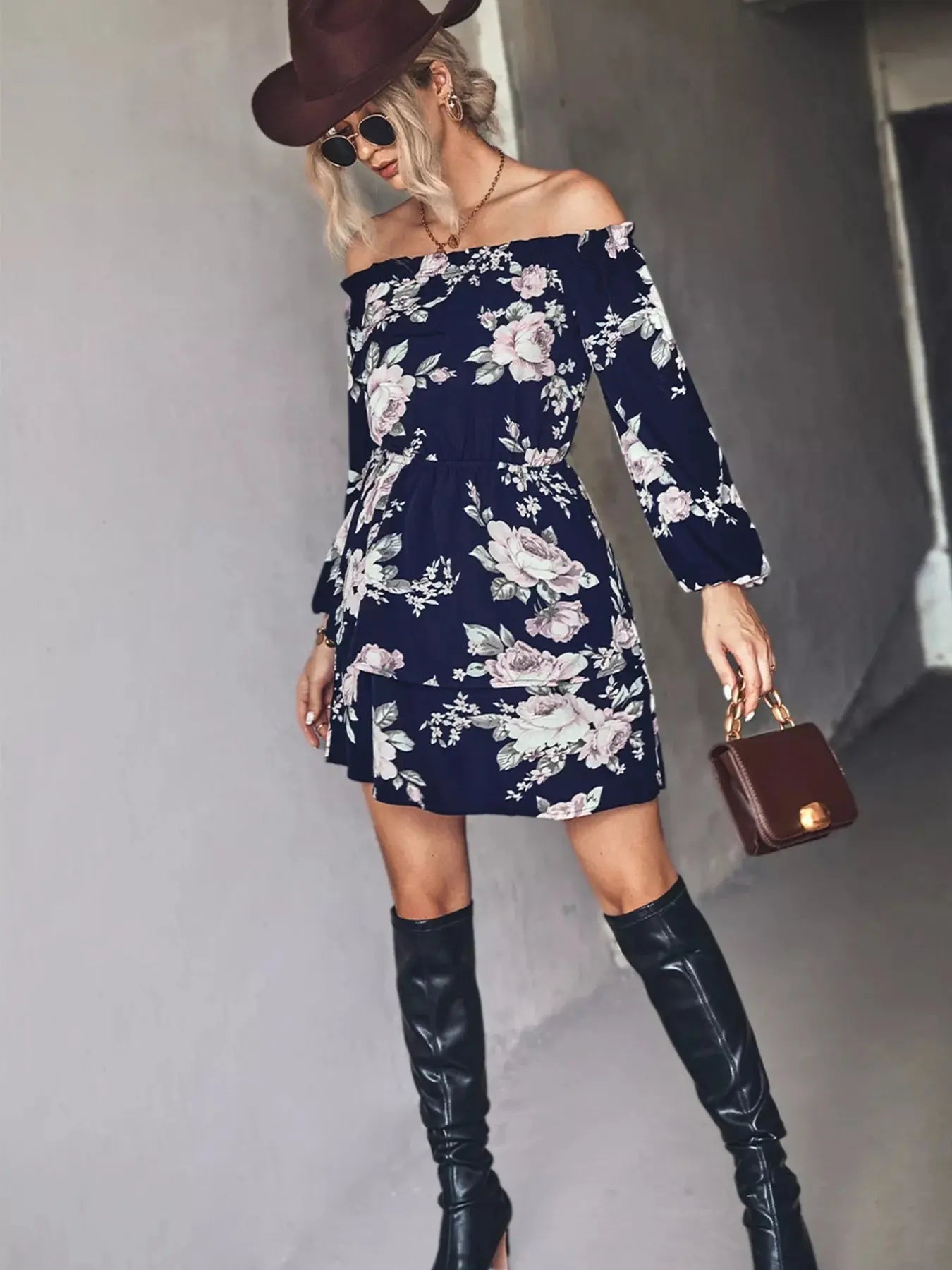 Off-Shoulder Floral Print Long Sleeve Mini Dress - Be Bliss Boutique
