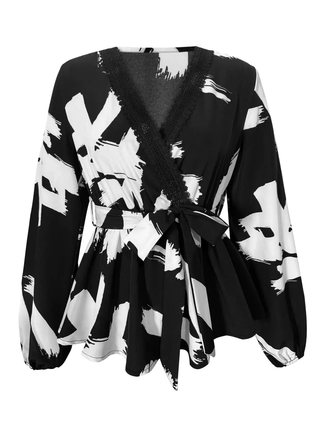 Black Tie Waist Long Sleeve Blouse - Be Bliss Boutique