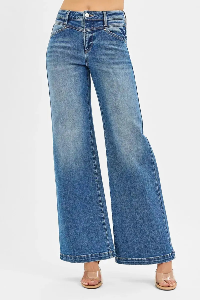 RISEN Jeans - High Rise Wide Leg Jeans with Front Yoke and Heart Back Pocket - Be Bliss Boutique