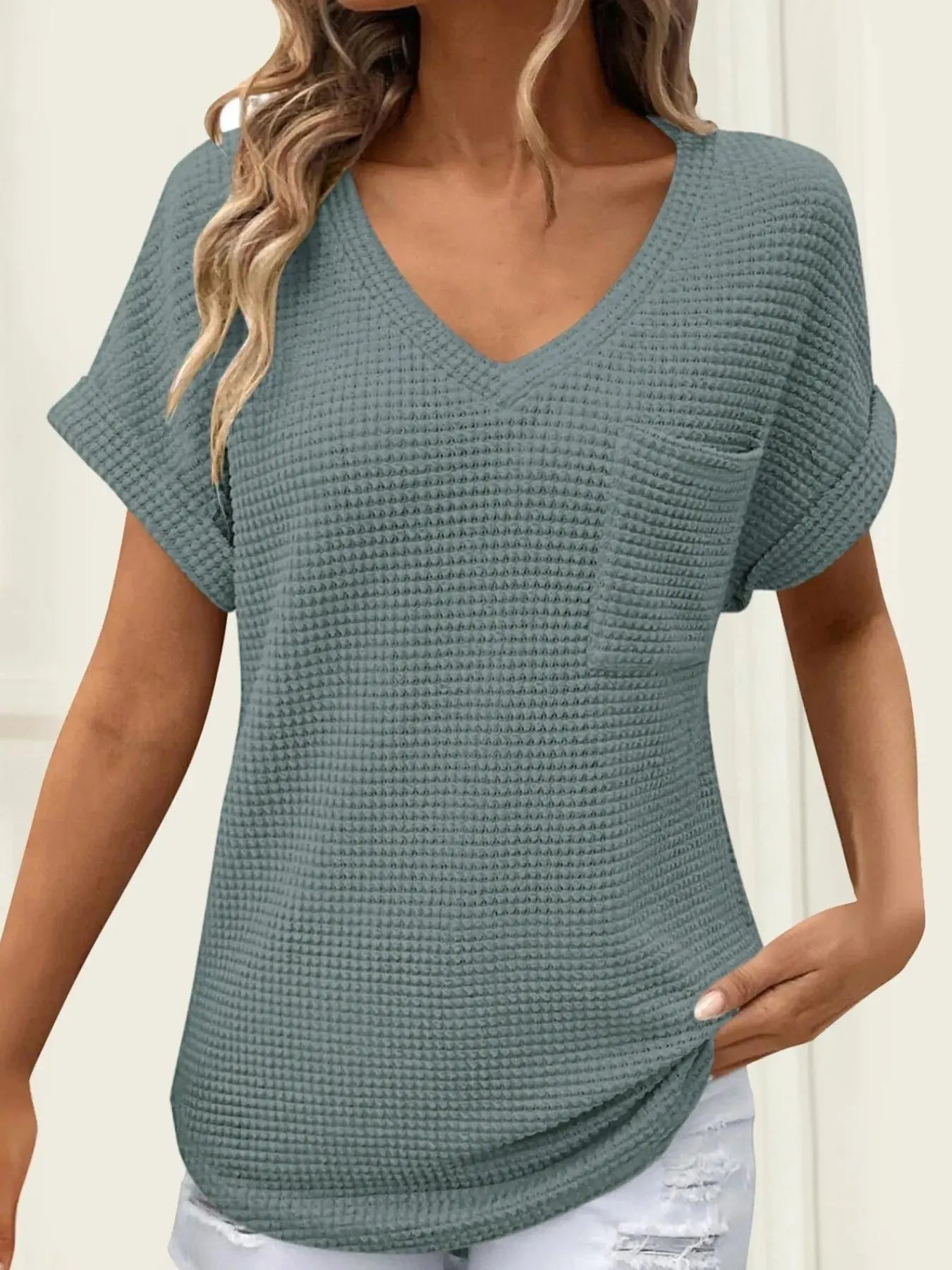 Waffle Knit V-Neck Casual T-Shirt - Be Bliss Boutique