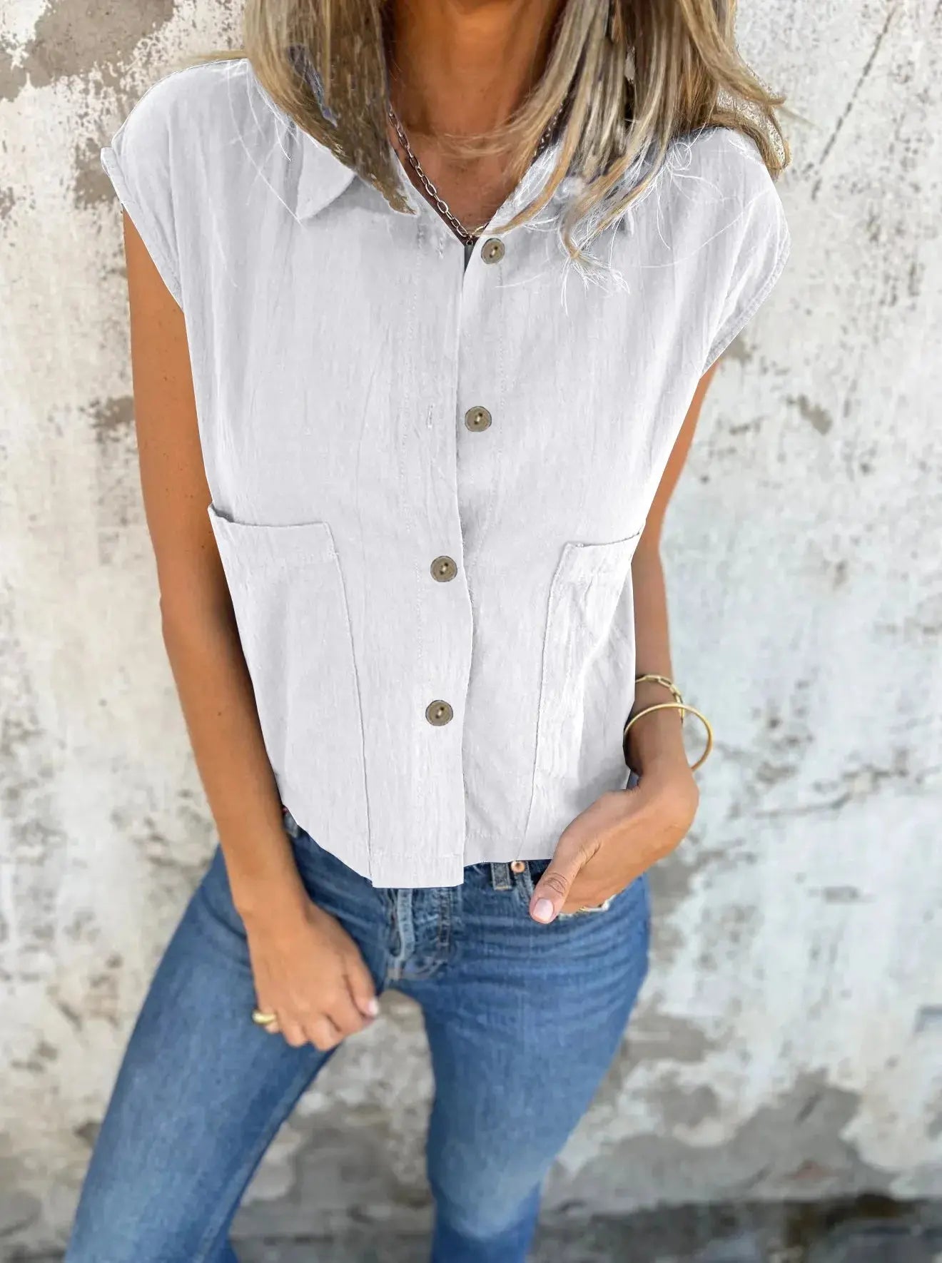 Full Size Cap Sleeve Button Down Linen Shirt - Be Bliss Boutique