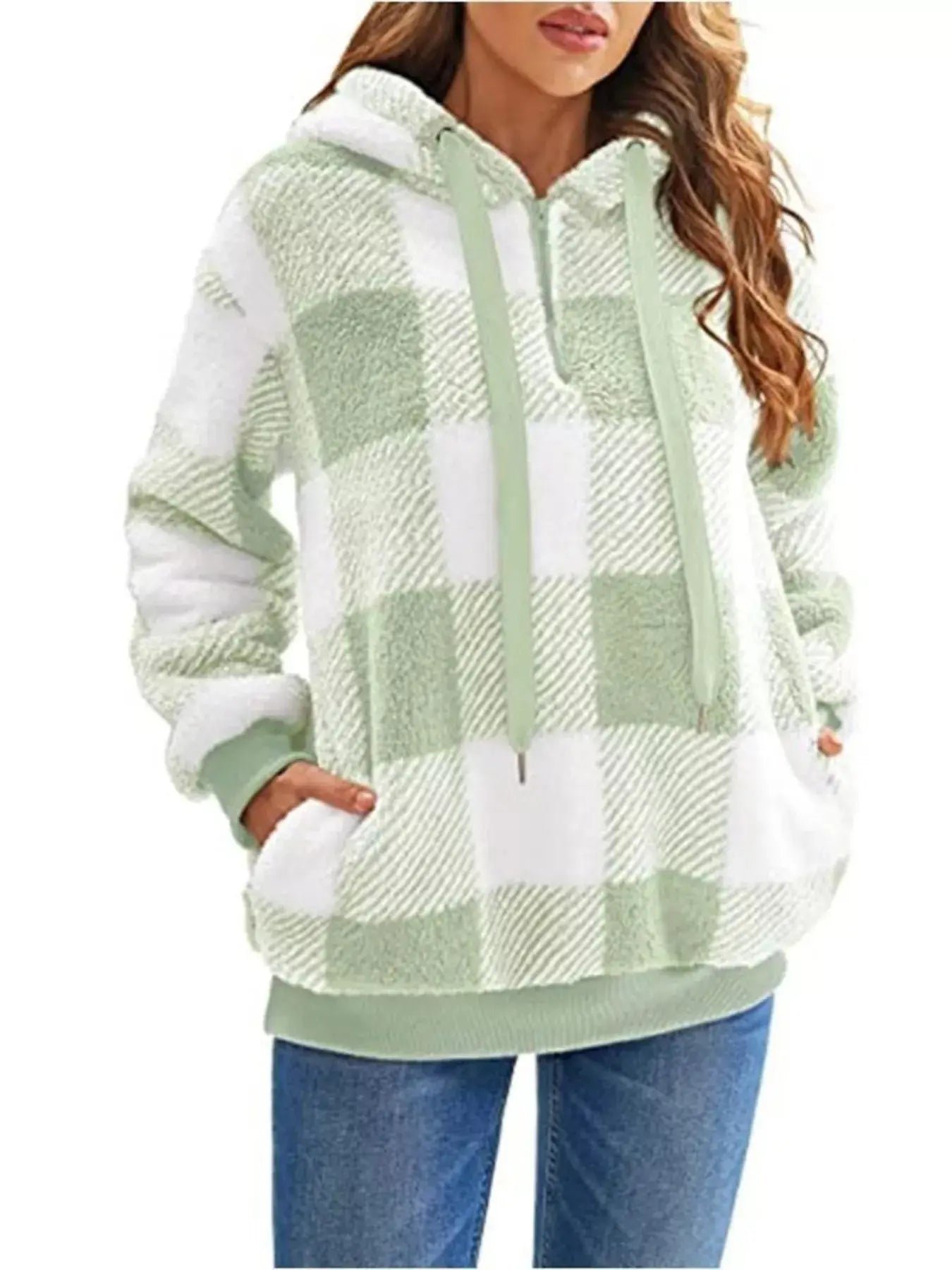 Plus Size Plaid Drawstring Sherpa Hoodie - Be Bliss Boutique