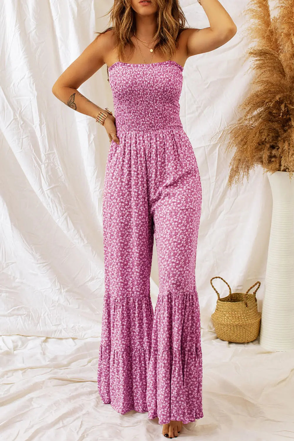 Smocked Printed Wide Strap Jumpsuit - Be Bliss Boutique