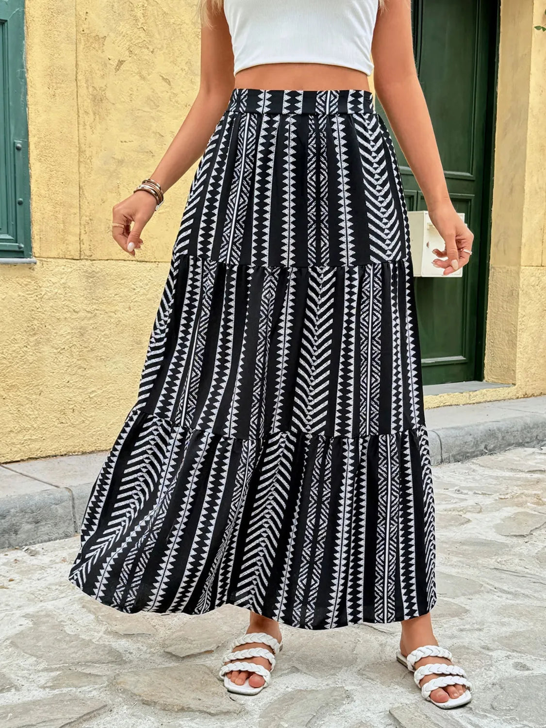 Black and White Tiered Bohemian Maxi Skirt with Pockets - Be Bliss Boutique