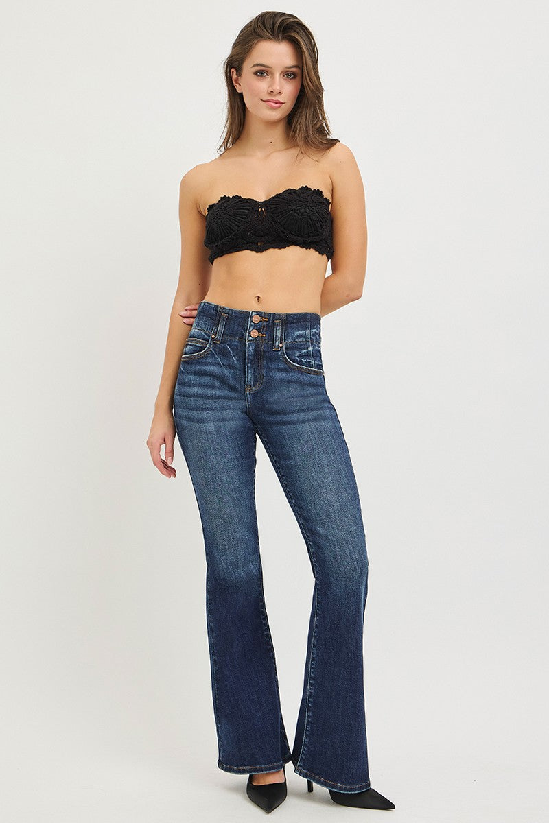 RISEN High Rise Flare Jeans with Seam Detail Waistband - Be Bliss Boutique