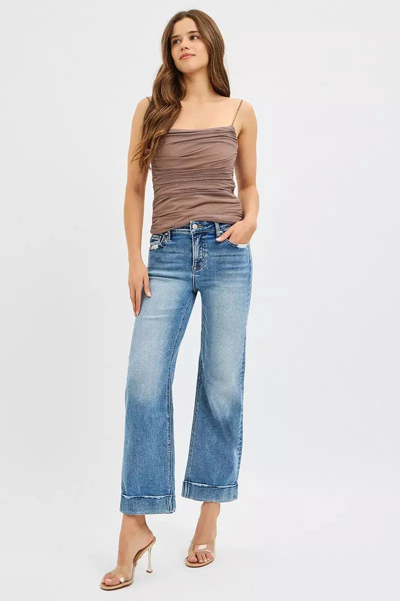 RISEN Jeans - Full Size Mid Rise Crop Straight Jeans with Taylor Cuffed Jeans - Be Bliss Boutique