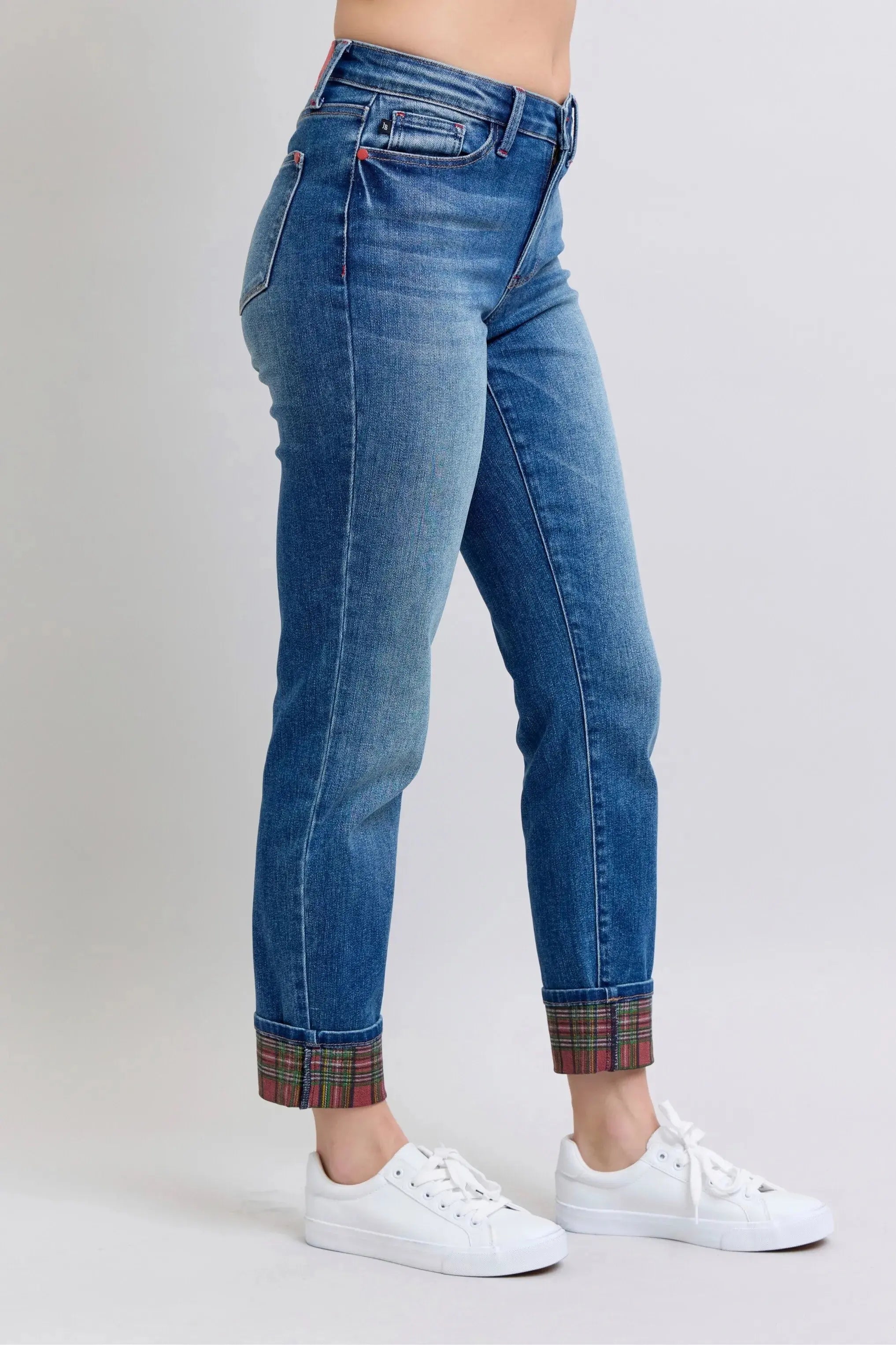Plaid Cuff Boyfriend Judy Blue Jeans – Mid Rise Straight Leg - Be Bliss Boutique