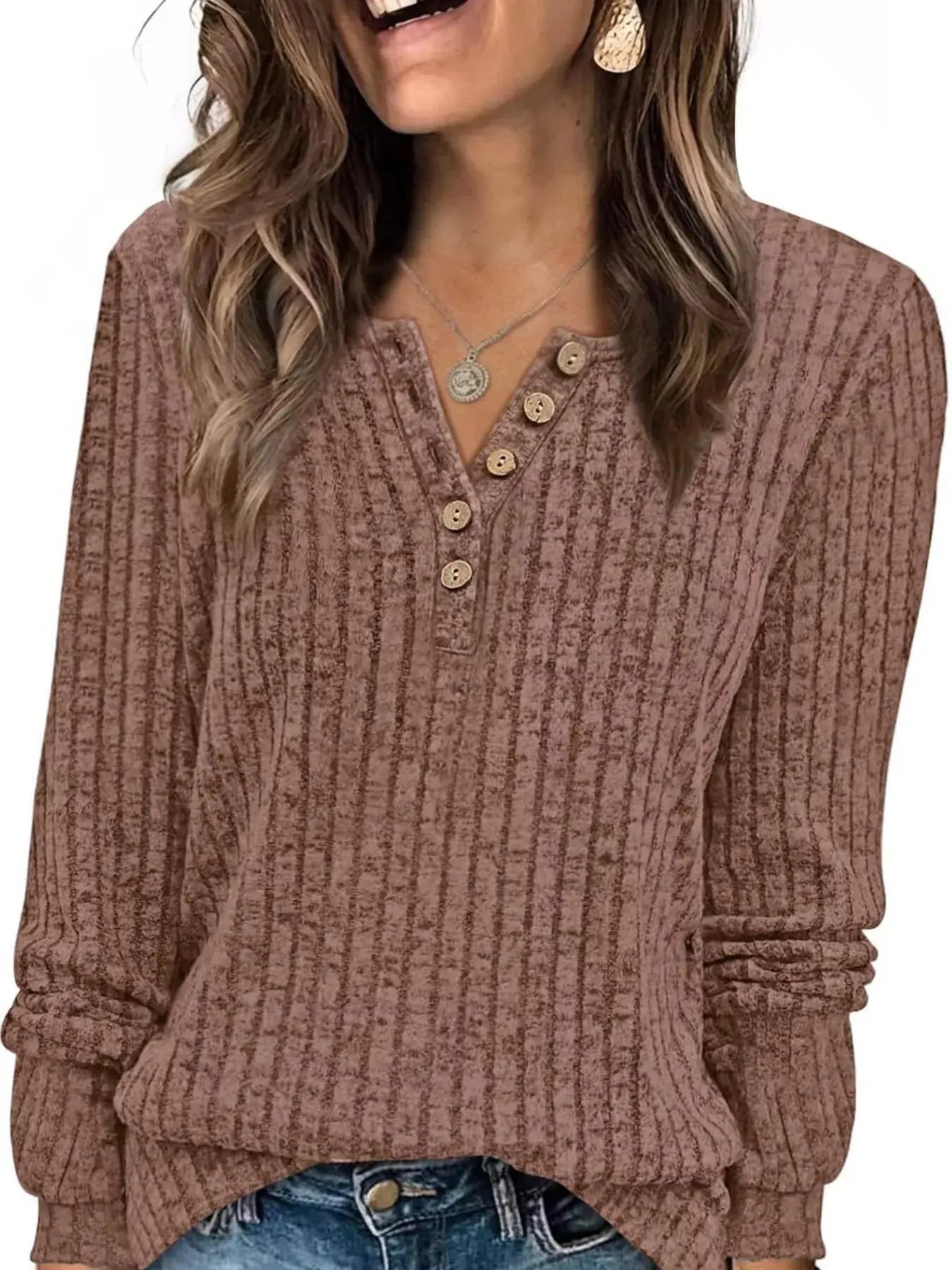 Ribbed Knit Button Front Long Sleeve T Shirt - Be Bliss Boutique
